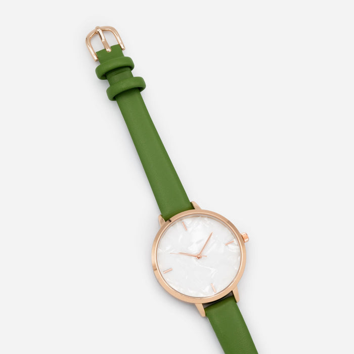 Green faux leather watch with round rose gold case and mother-of-pearl white dial