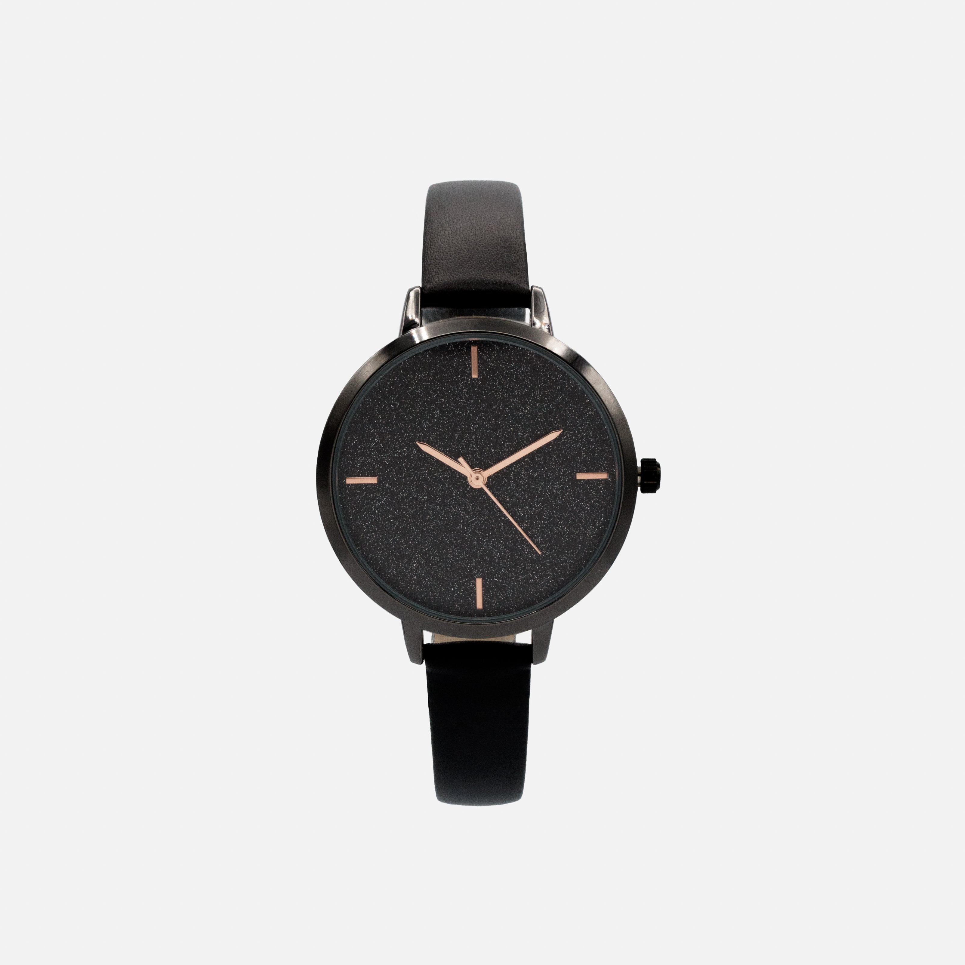 Montre noire en similicuir à boîtier rond et cadran scintillant