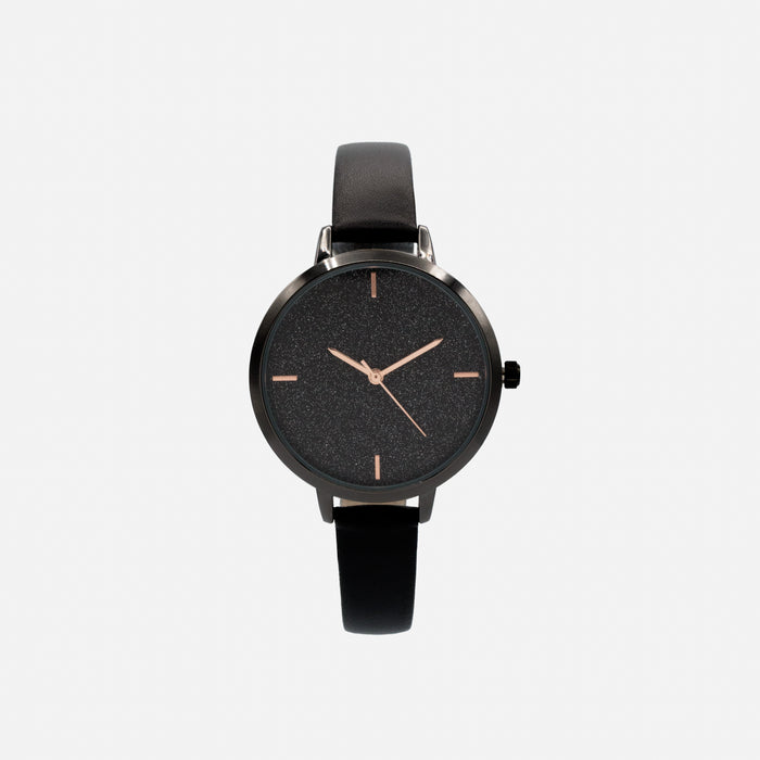 Black faux leather watch with round case and glitter dial