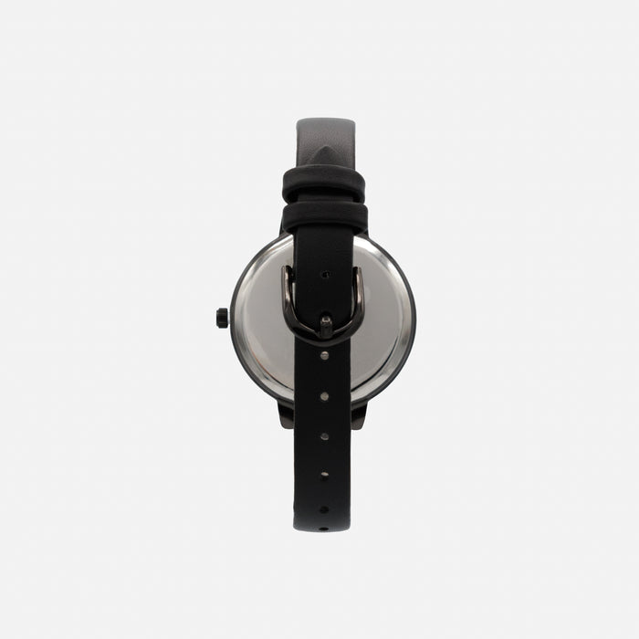 Black faux leather watch with round case and glitter dial
