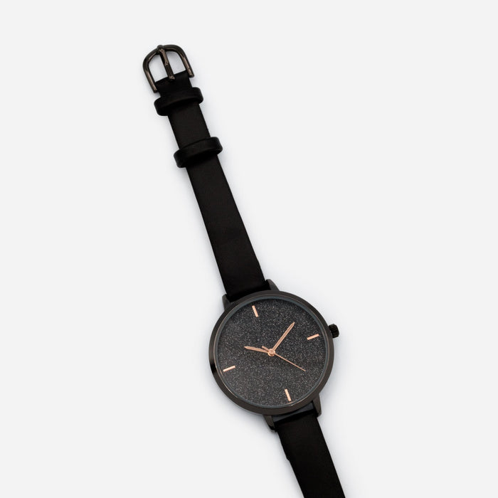 Black faux leather watch with round case and glitter dial