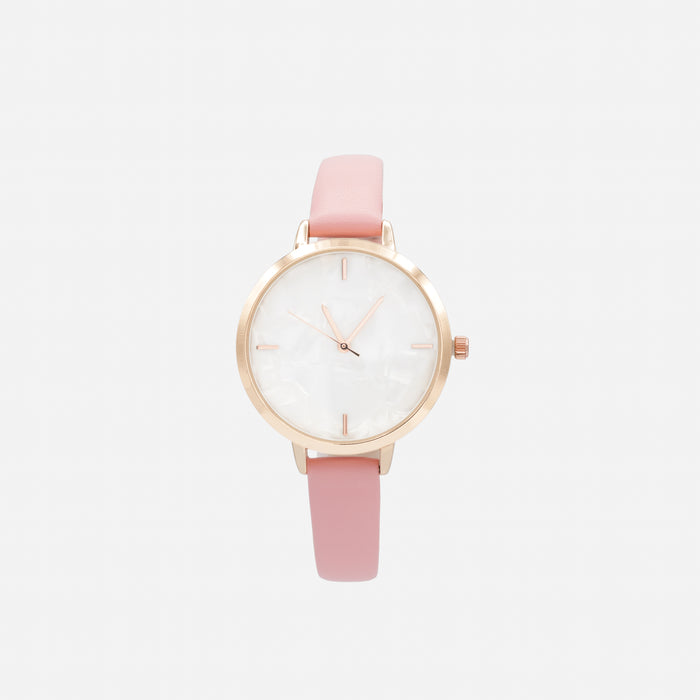 Pale pink faux leather watch with round rose gold case and mother-of-pearl white dial