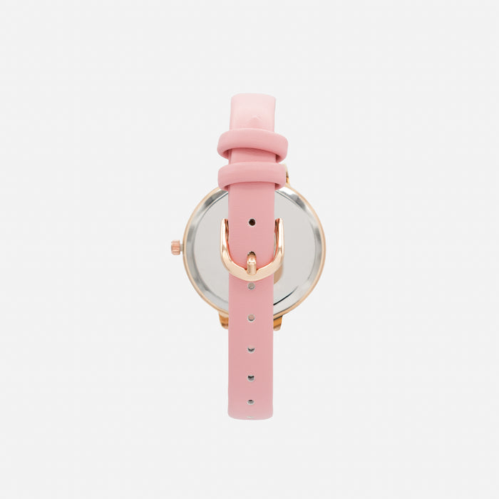 Pale pink faux leather watch with round rose gold case and mother-of-pearl white dial