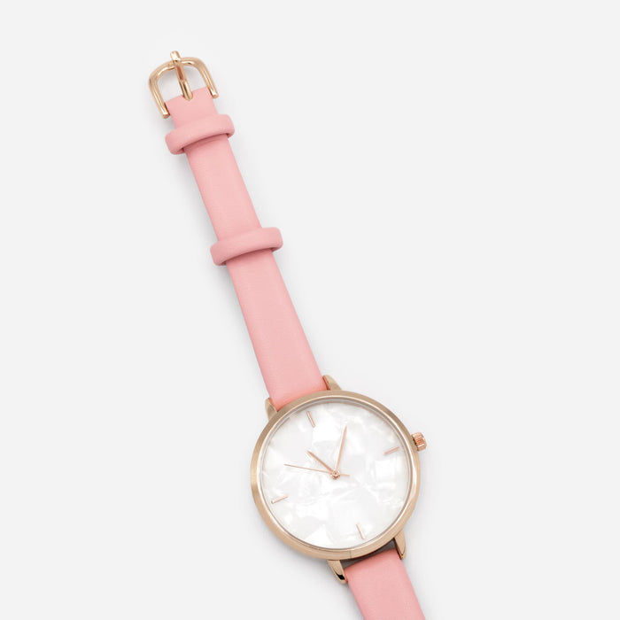 Pale pink faux leather watch with round rose gold case and mother-of-pearl white dial