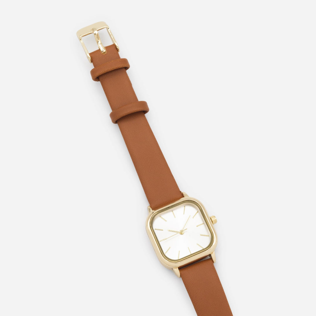 Montre caramel en similicuir à boîtier et cadran dorés