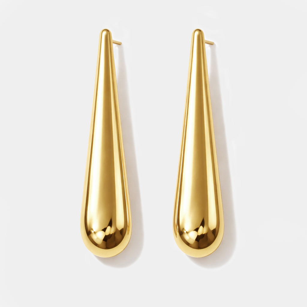 Bizou SF253E002GL – Gold chunky teardrop earrings in stainless steel, polished sculptural design, front view, Bizou jewelry