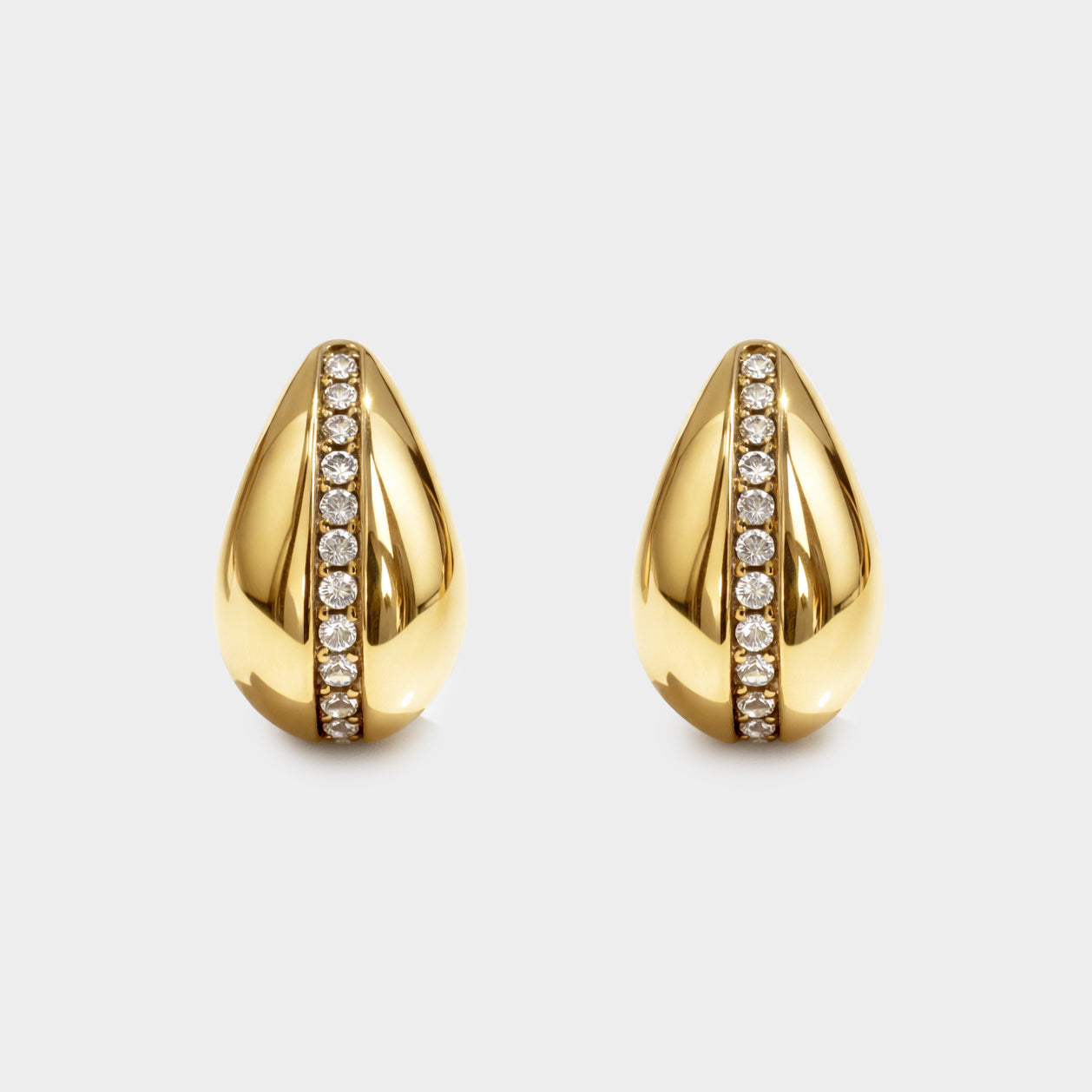 Bizou SF253E007GL – Gold bold teardrop earrings with cubic zirconia row detail, stainless steel, front view, Bizou jewelry