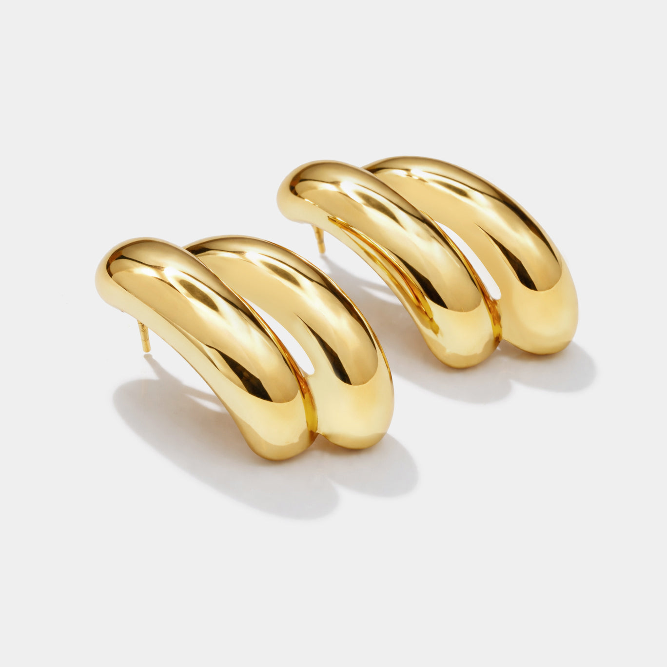 Bizou SF253E012GL – Gold bold double layered hoop earrings in stainless steel, high-polish finish, angled view, Bizou jewelry