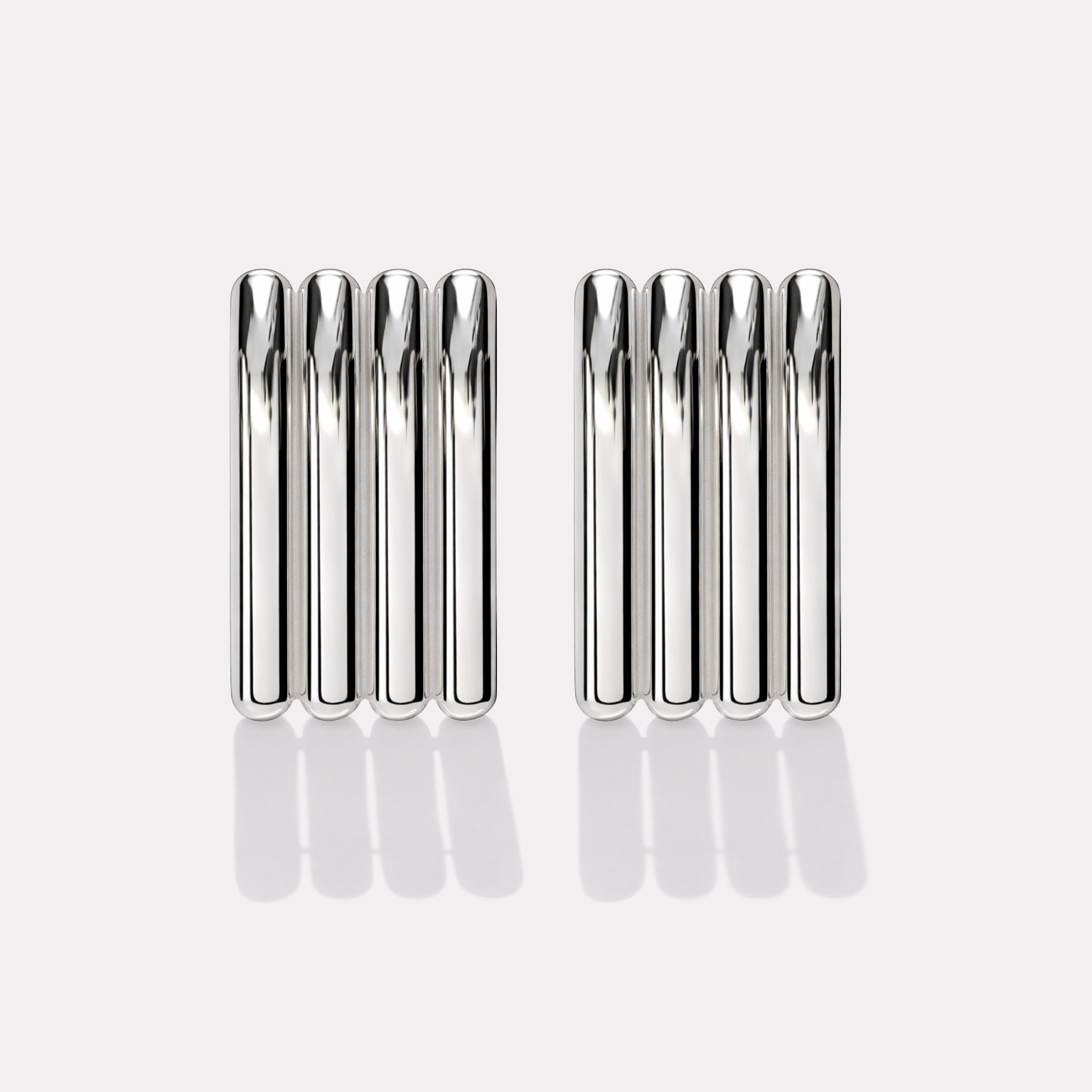 Bizou SF253E013SL – Silver multi-bar rectangular statement stud earrings in stainless steel, architectural ribbed design, front view, Bizou jewelry