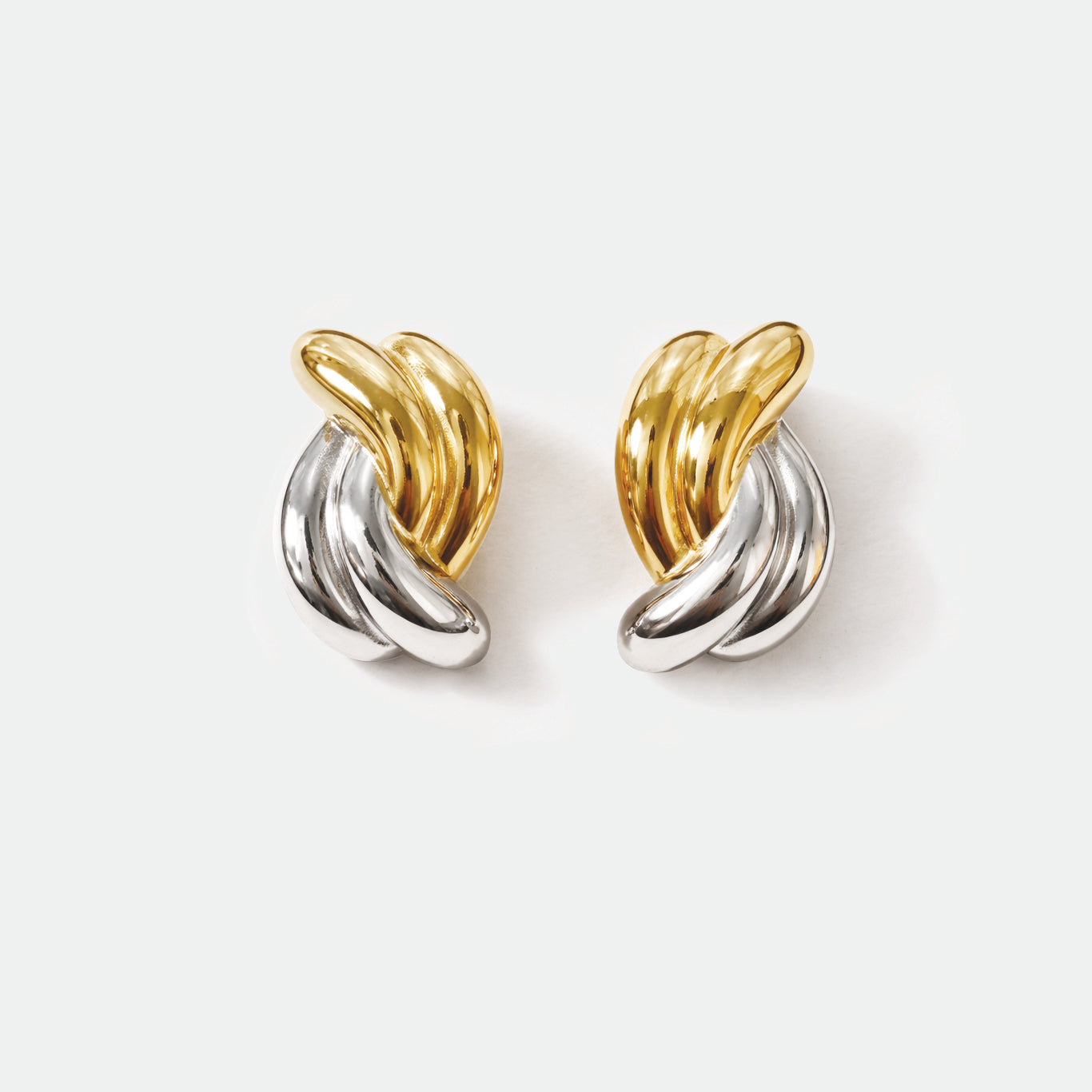 Bizou SF253E014MM – Two-tone gold and silver chunky knot stud earrings in stainless steel, braided sculptural design, Bizou jewelry