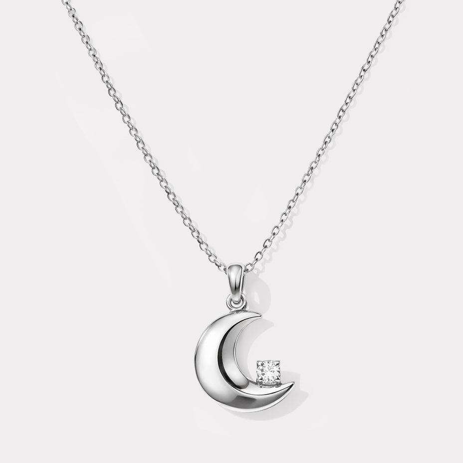 Bizou SF253N019SL – Silver crescent moon pendant necklace with cubic zirconia star in stainless steel, delicate chain, front view, Bizou jewelry