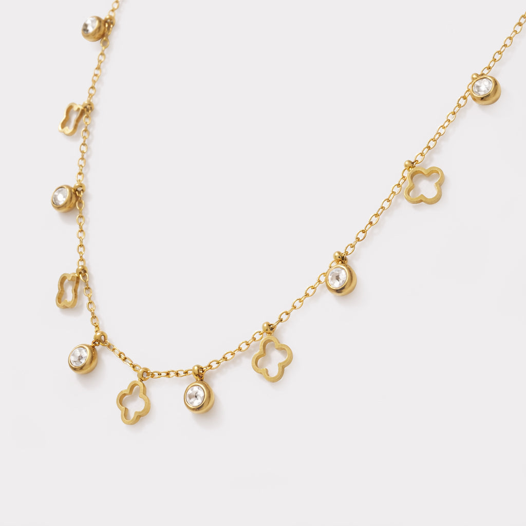 Bizou SF253N020GL – Close-up of gold stainless steel necklace with alternating open clover and cubic zirconia drop charms, Bizou jewelry