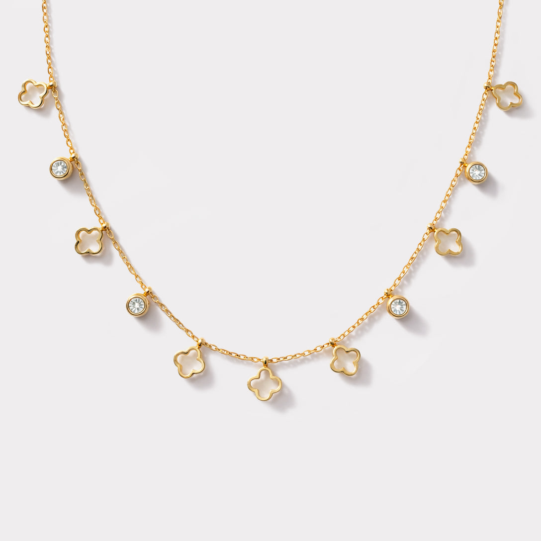 Bizou SF253N020GL – Gold multi-charm drop necklace with open clover and bezel cubic zirconia charms in stainless steel, Bizou jewelry