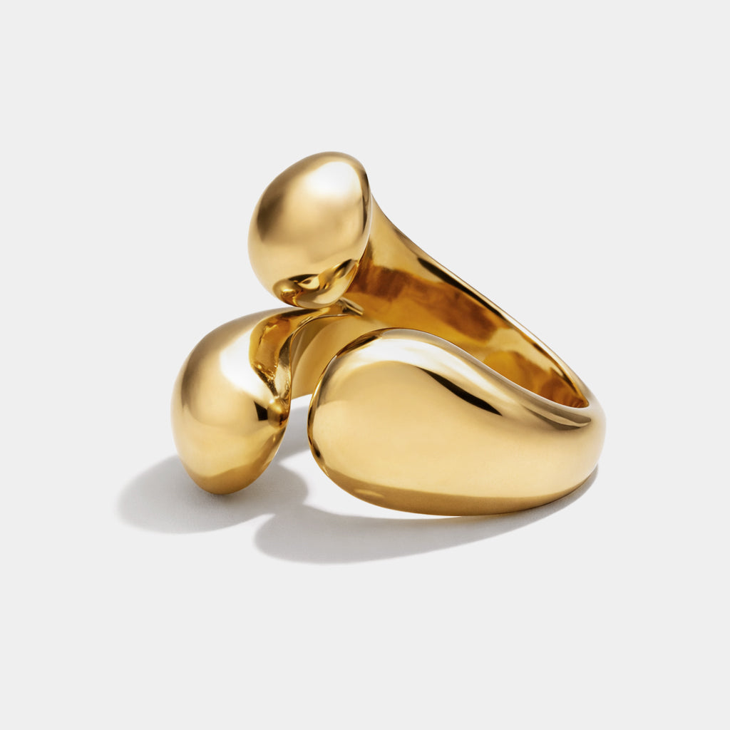 Bizou SF253R029GL – Gold bold open statement ring with sculptural organic teardrop and ball detail in stainless steel, back view, Bizou jewelry
