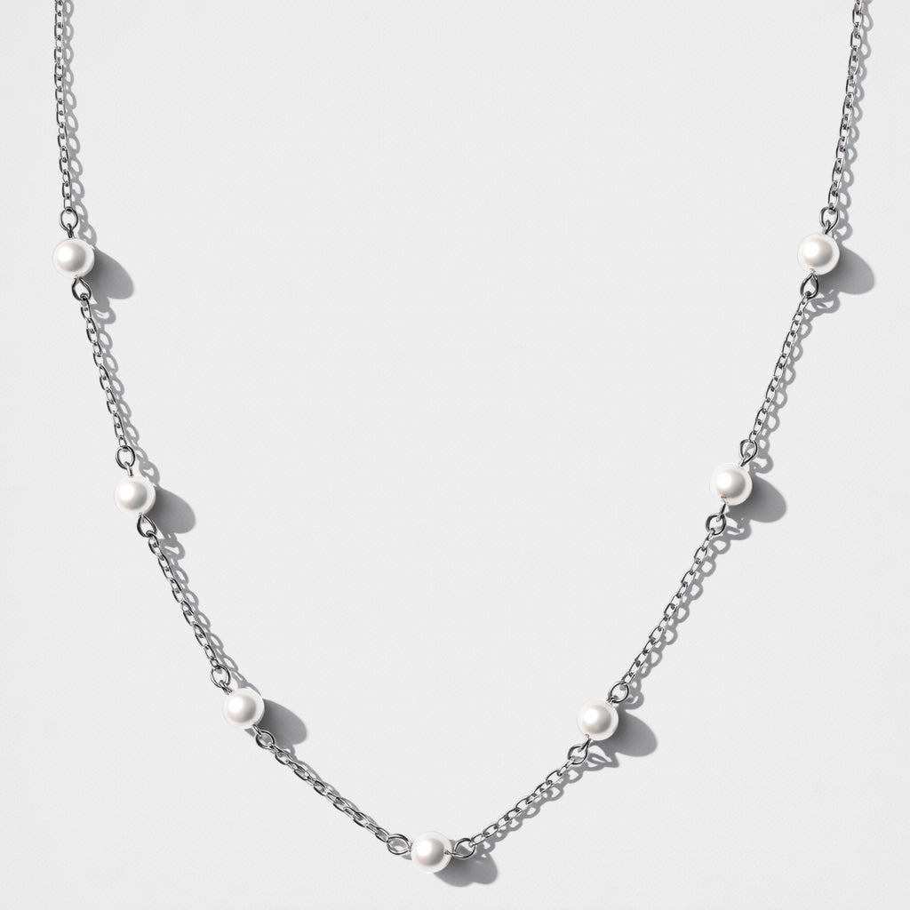 Bizou SS233N017AR – Silver multi-pearl station necklace in stainless steel, delicate chain with floating pearl drops, Bizou jewelry