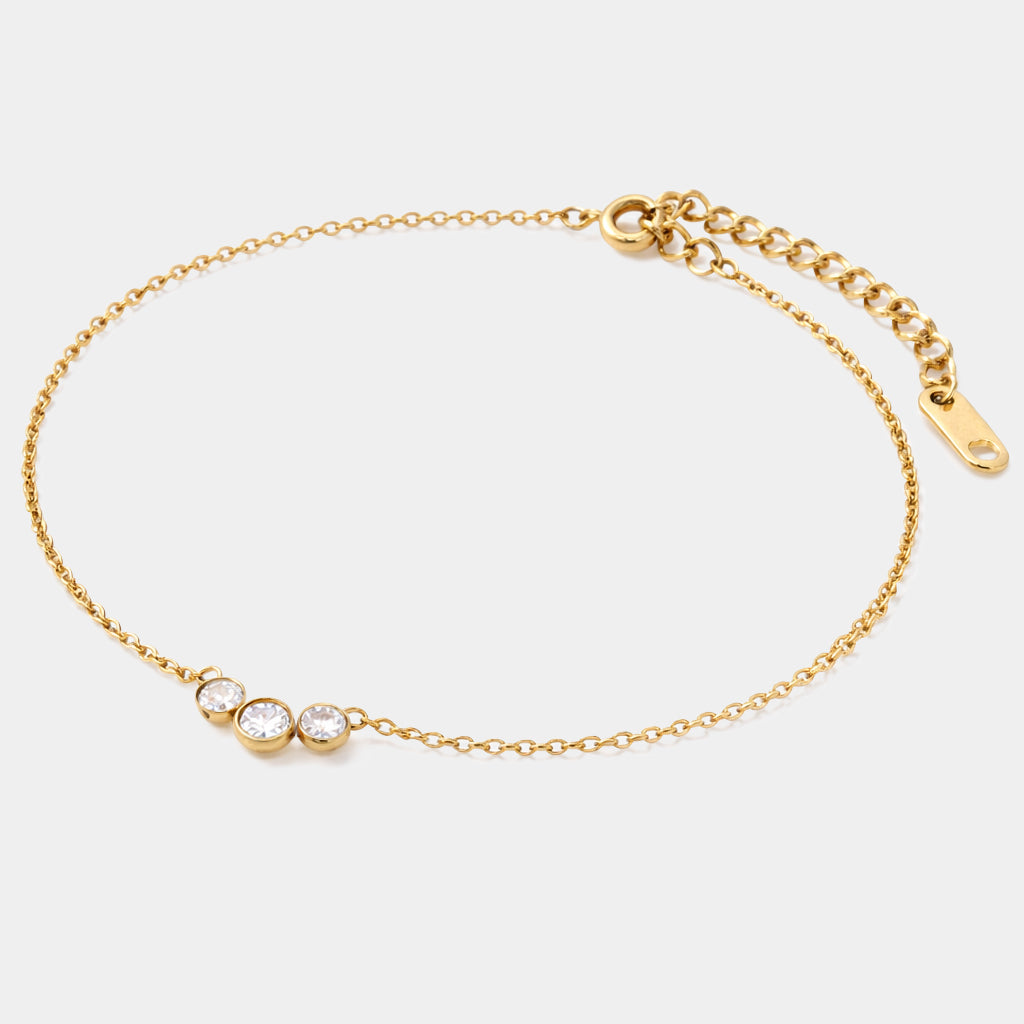 Bizou SS253B019GL – Gold delicate bracelet with trio of bezel-set cubic zirconia in stainless steel, adjustable spring clasp, Bizou jewelry
