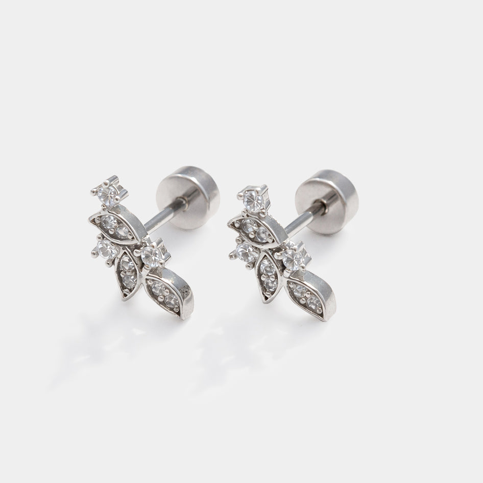 Bizou SS253E003SL – Silver stainless steel foliage stud earrings with cubic zirconia, screw-back closure, angled view