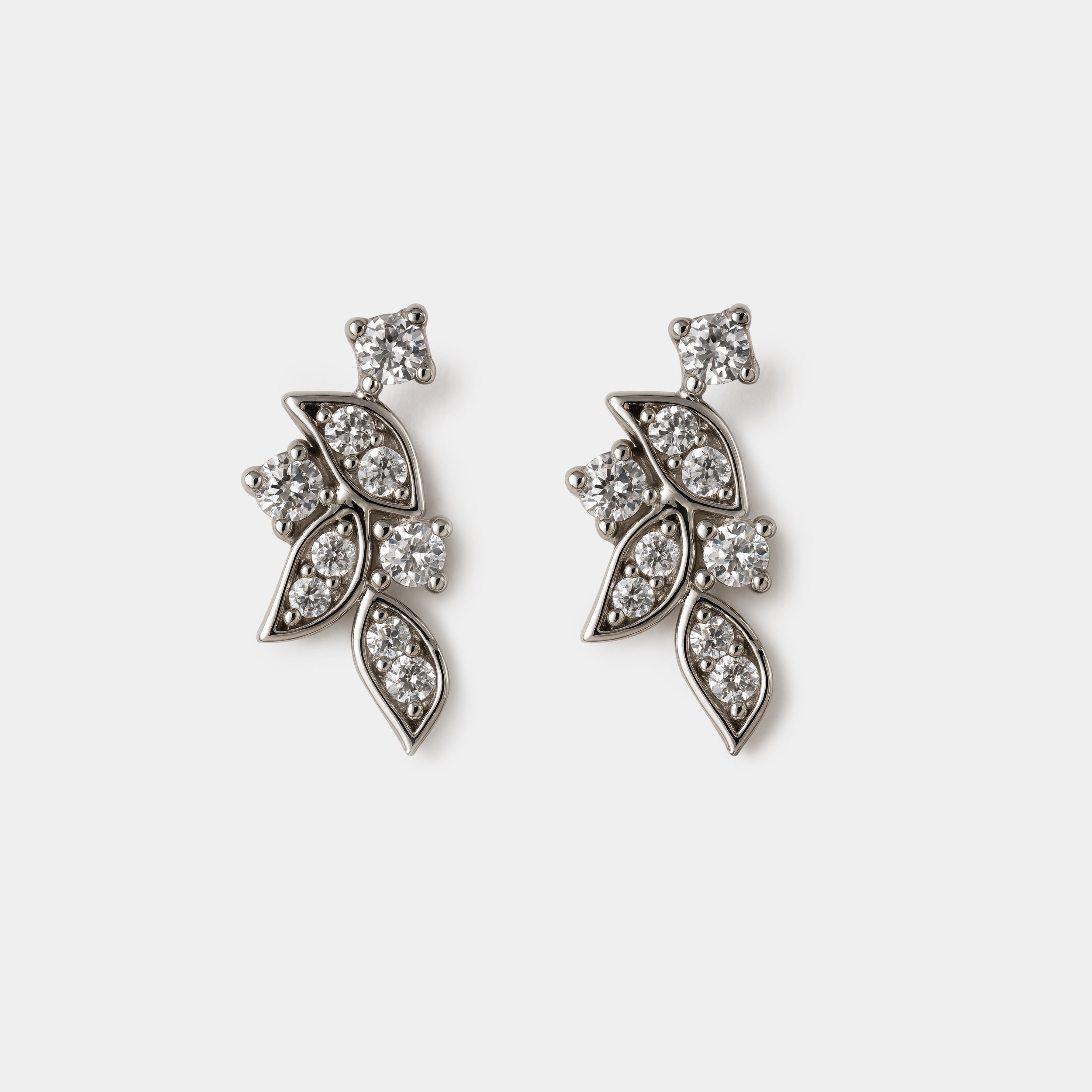 Bizou SS253E003SL – Silver crystal foliage stud earrings in stainless steel, marquise leaf design with CZ stones, front view