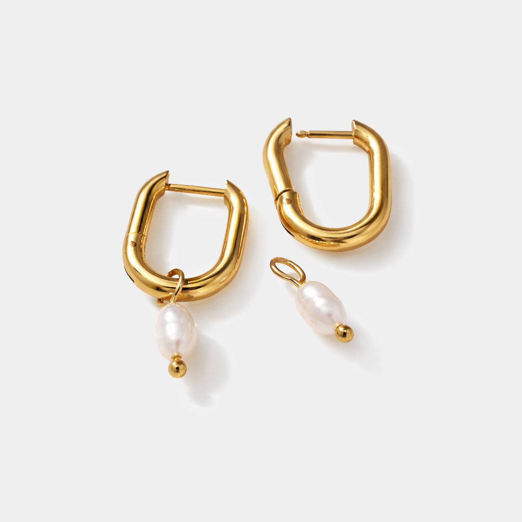 Bizou SS253E007GL – Gold stainless steel oval huggies hoop earrings showing detachable pearl charm detail, Bizou jewelry

