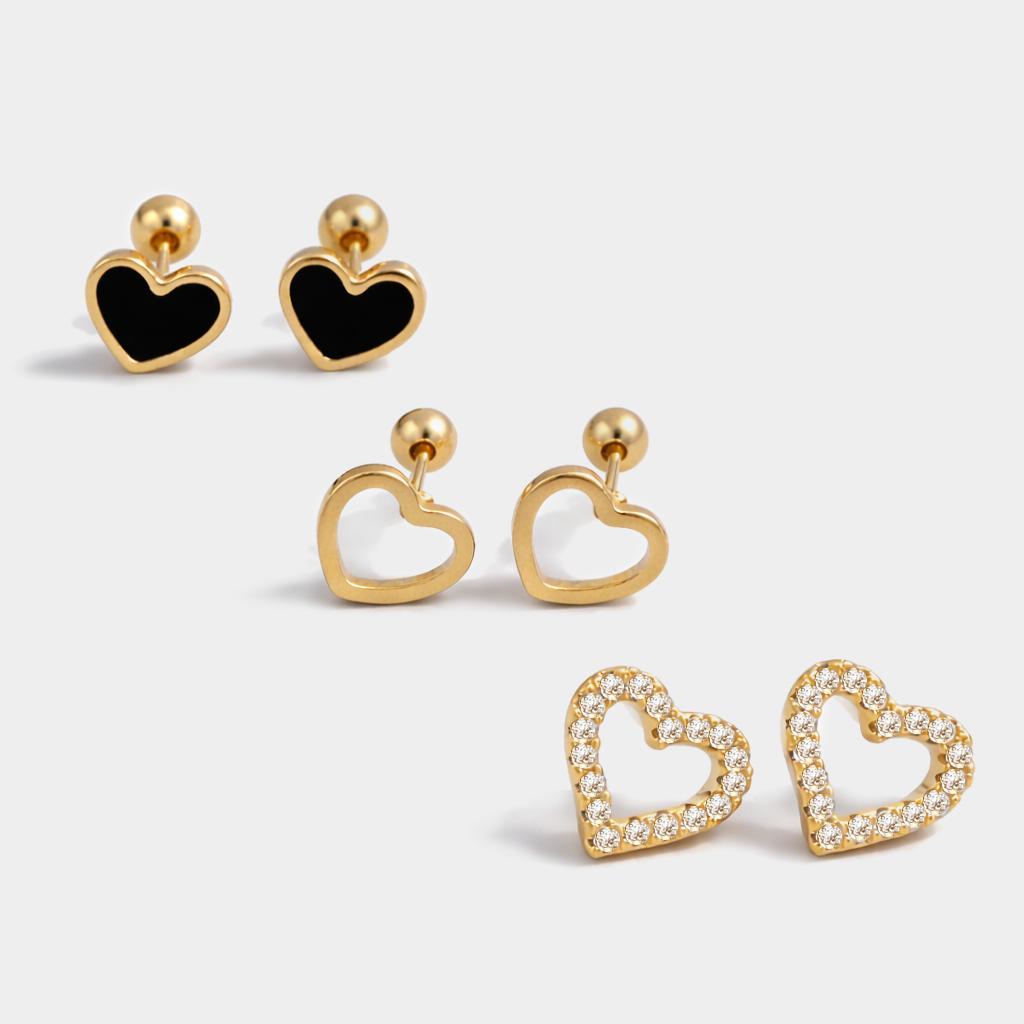 Bizou SS253E013GL – Gold stainless steel heart earring set of 3, showing screw-back closure on black enamel and open heart styles, angled view, Bizou jewelry

