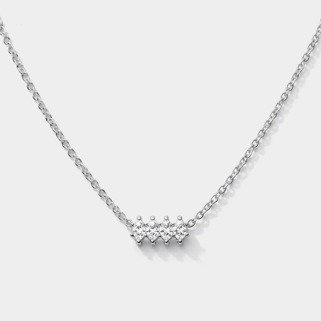 Bizou SS253N019SL – Silver four-stone marquise CZ bar necklace in stainless steel, four prong-set marquise-cut cubic zirconia in a row on delicate chain, front view
