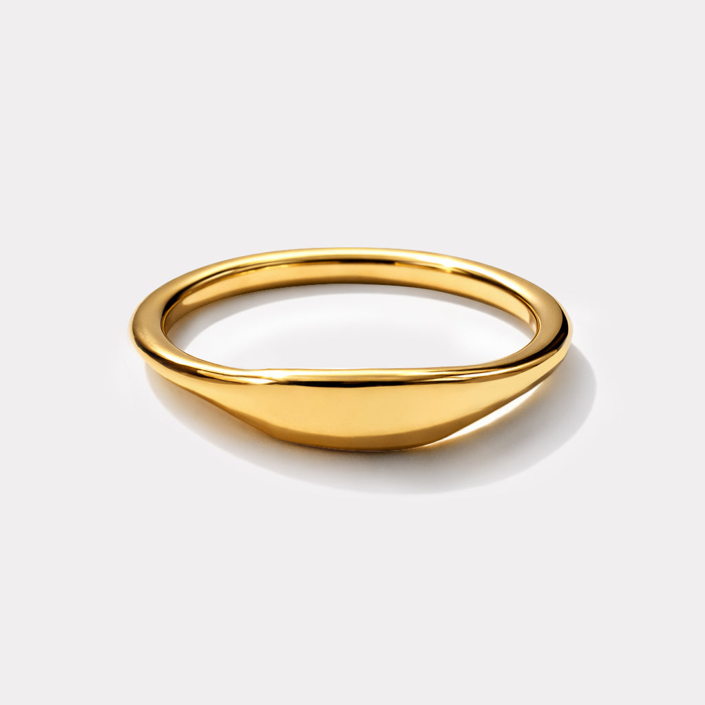 Bizou SS253R026GL – Gold slim signet ring in stainless steel, smooth oval flat face on a thin round band, high-polish finish, angled view
