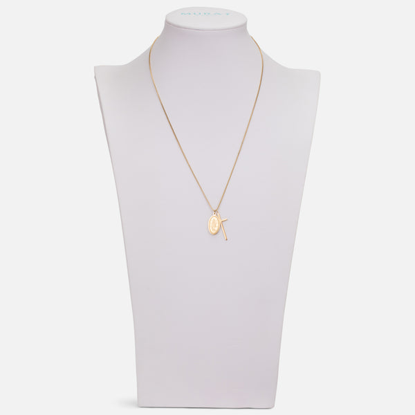 Load image into Gallery viewer, Gold necklace with cross and religious figure charms in stainless steel
