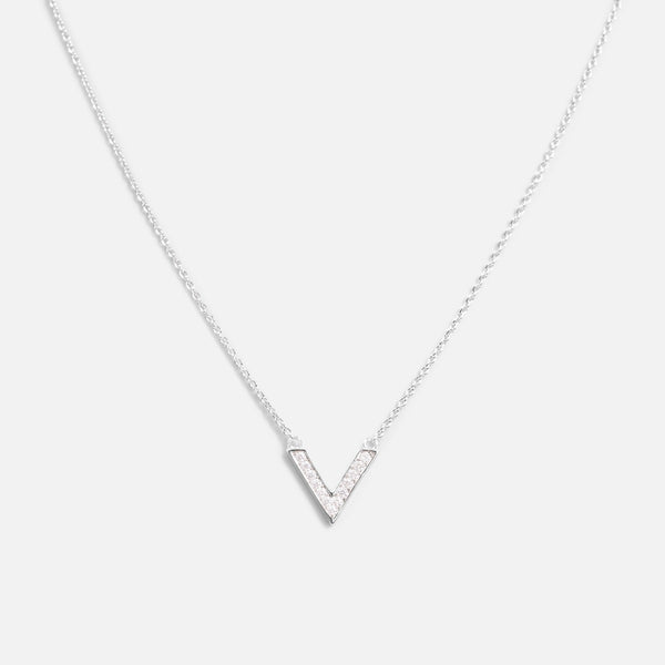 Load image into Gallery viewer, Thin sterling silver chain necklace and ‘’v’’ shaped cubic zirconia pendant
