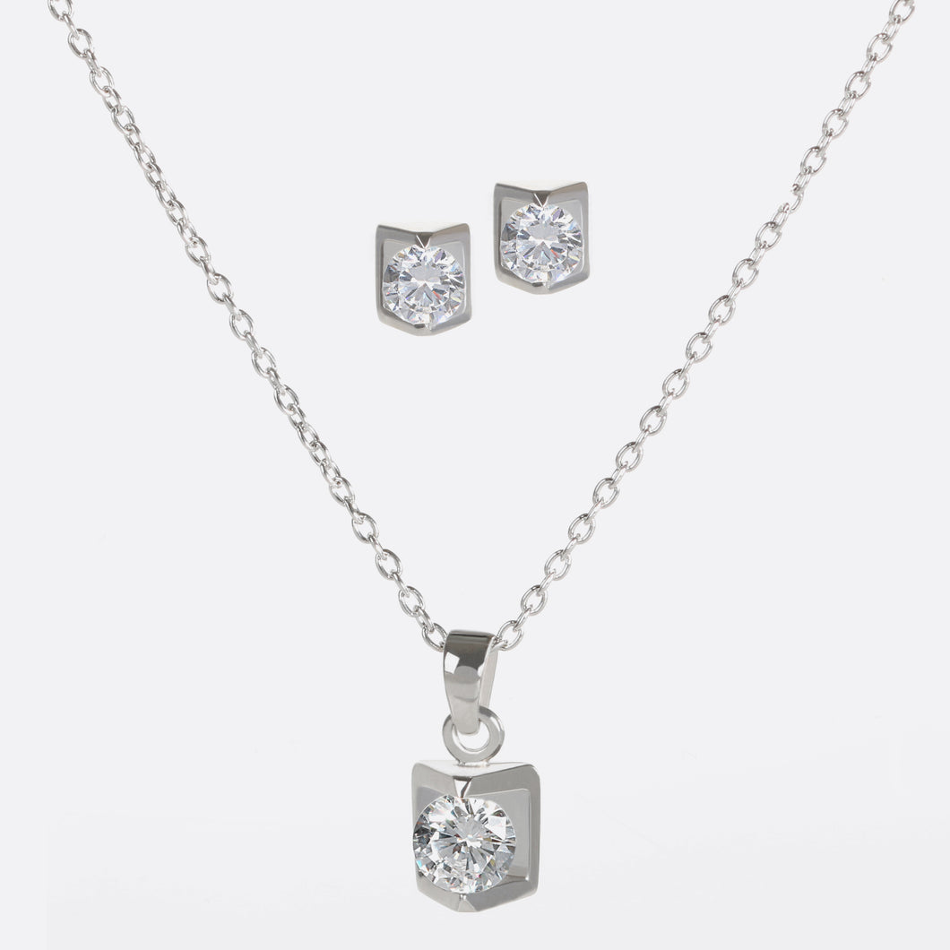 Sterling silver chain with triangular cz pendant and earrings