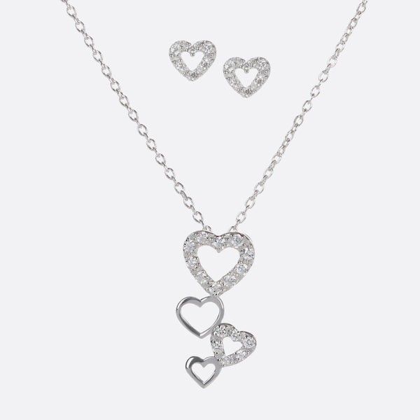 Load image into Gallery viewer, Sterling silver chain with cz 4-heart pendant and heart stud earrings
