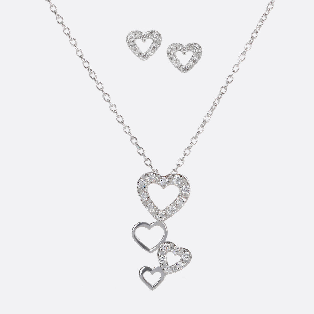 Sterling silver chain with cz 4-heart pendant and heart stud earrings