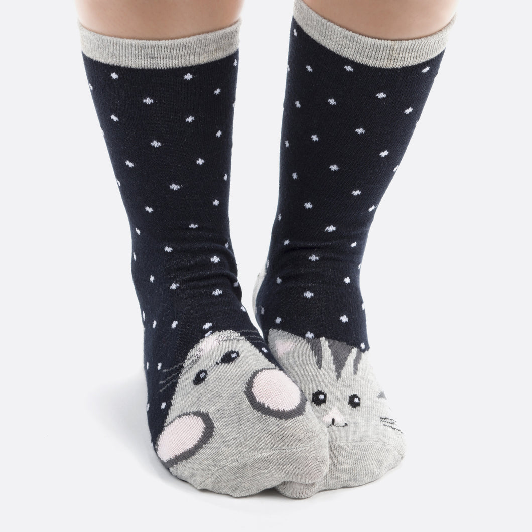 Navy blue socks with cat and mouse print