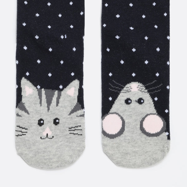 Load image into Gallery viewer, Navy blue socks with cat and mouse print
