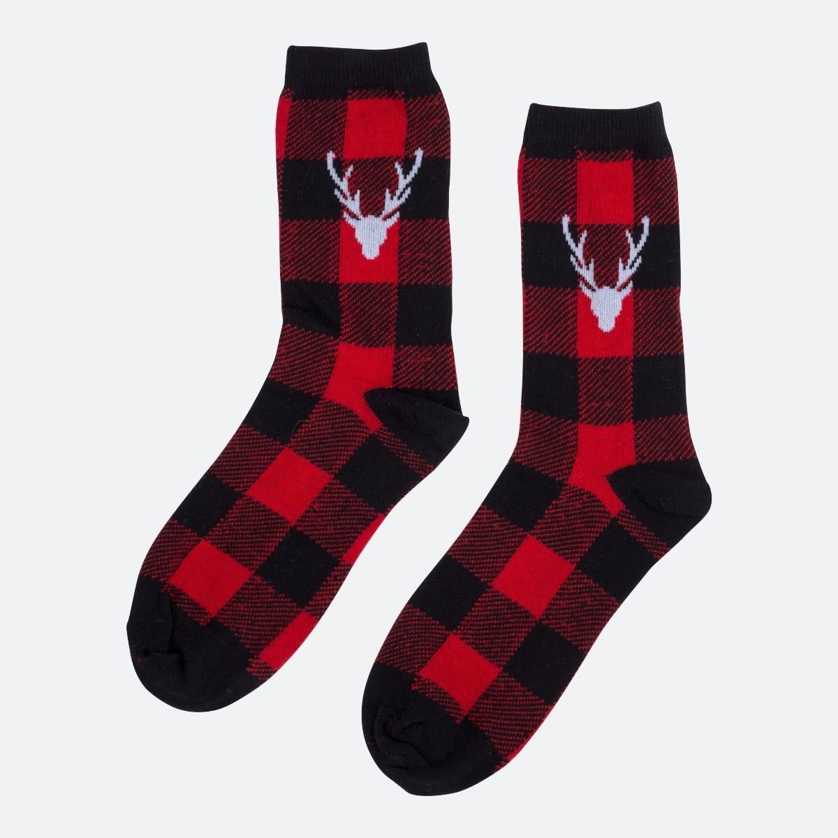 Socks with black and red plaid and deer print