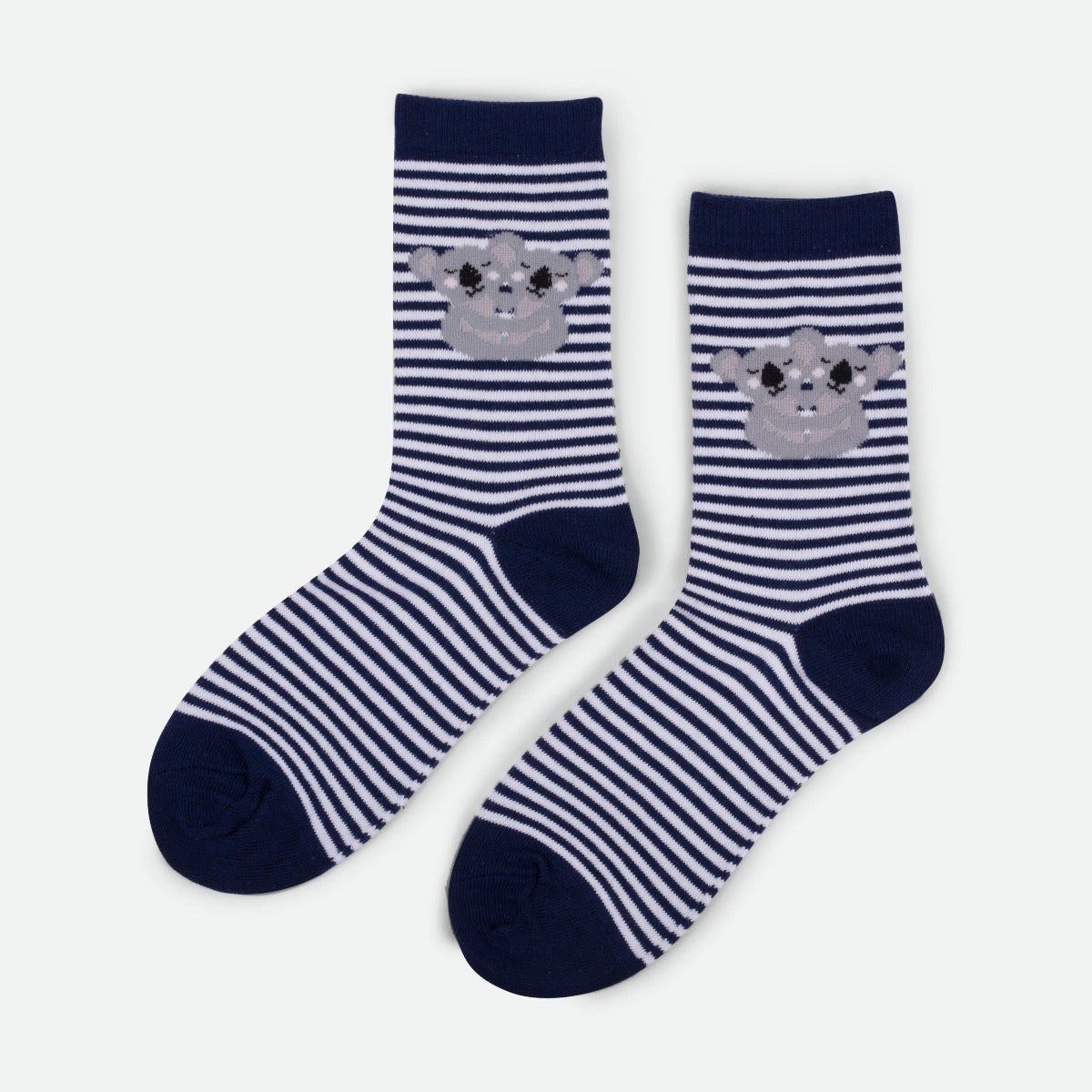 Navy blue socks with white stripes and koala print