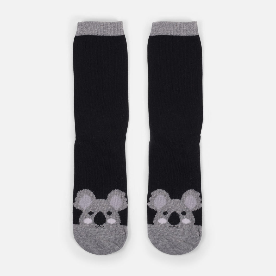 Black socks with a koala face on toes