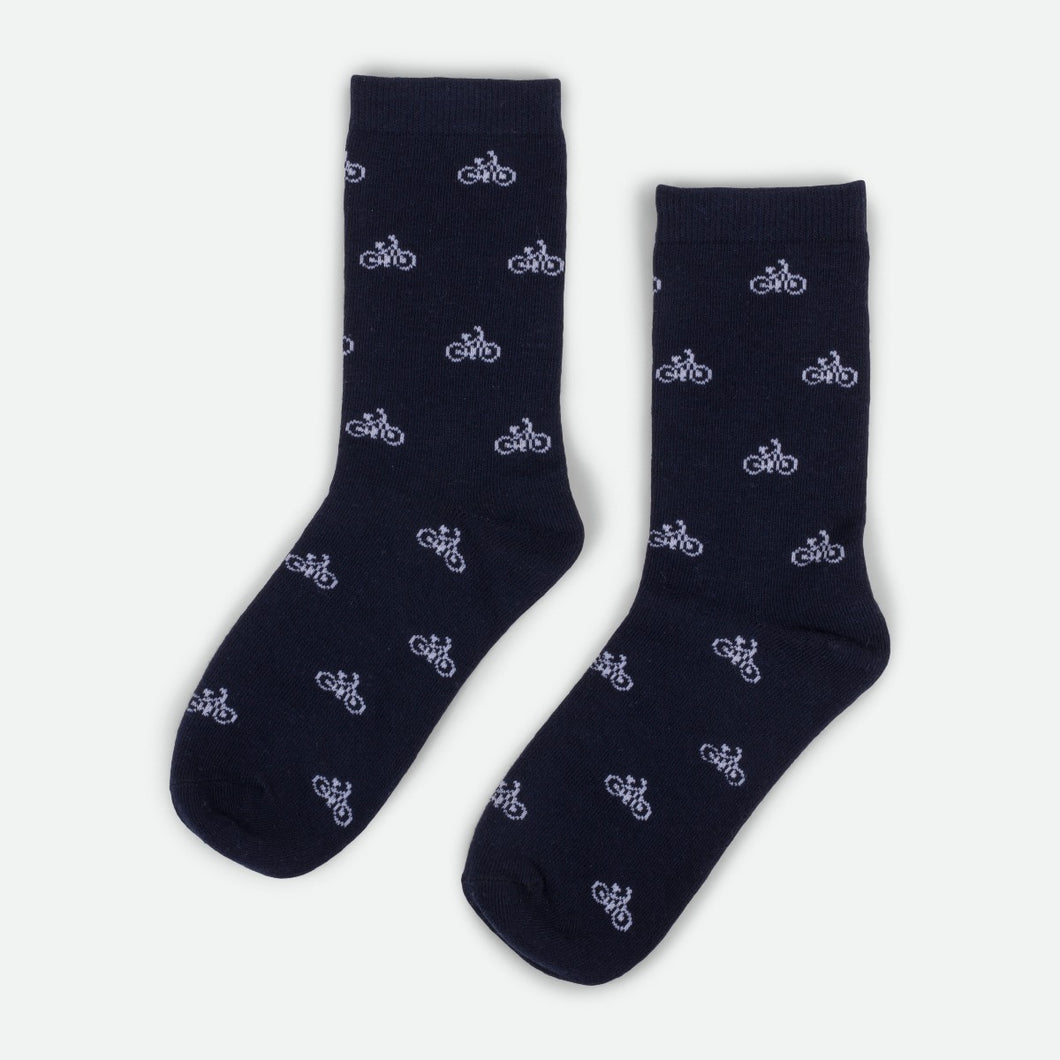 Navy blue socks with bicycles