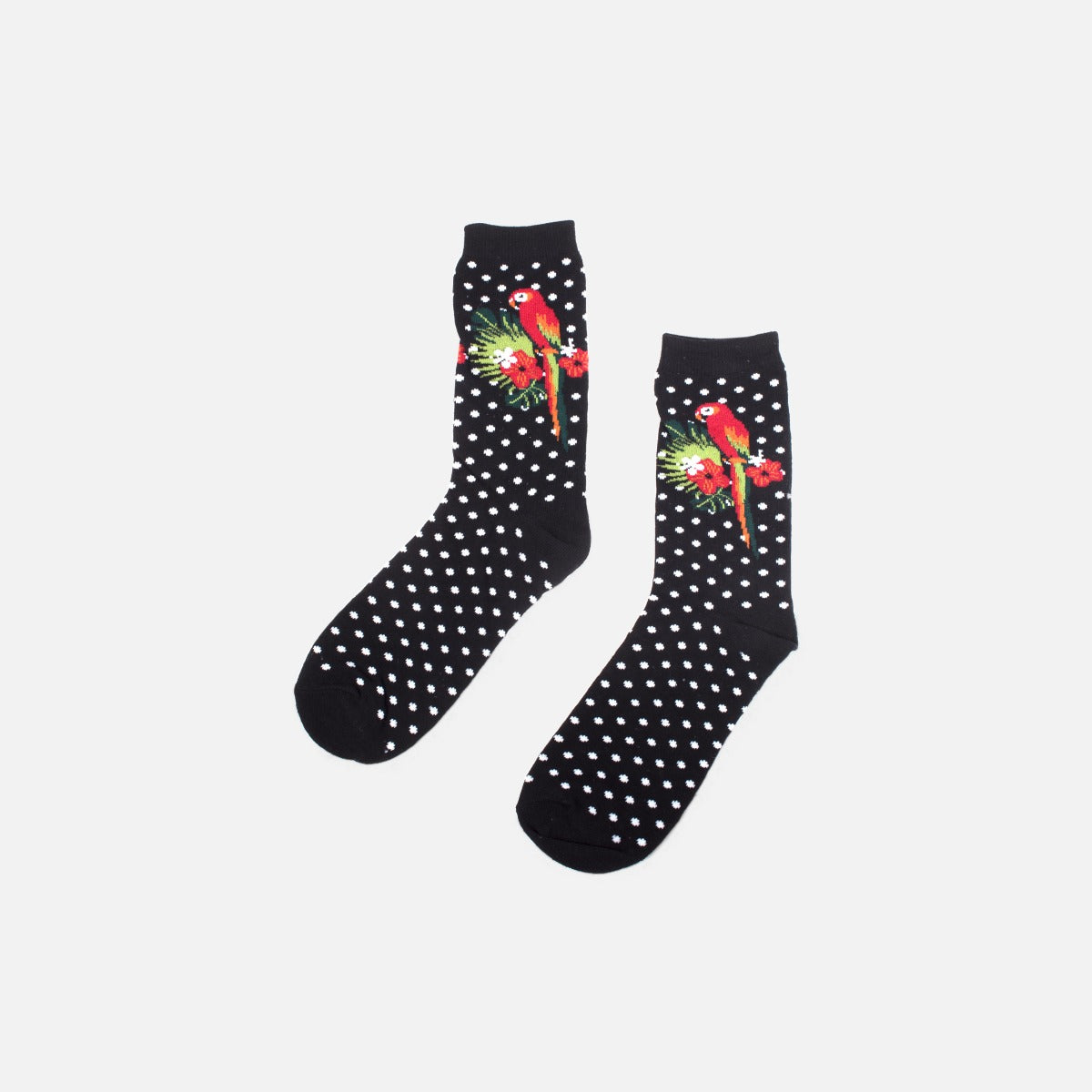 Black socks with white dots and parrot