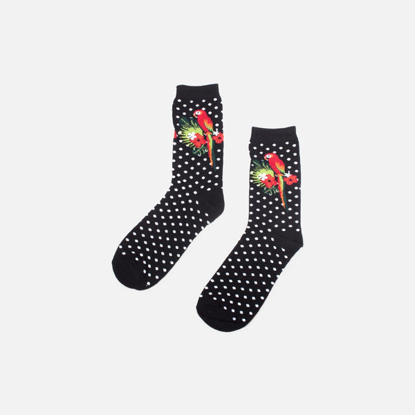 Load image into Gallery viewer, Black socks with white dots and parrot
