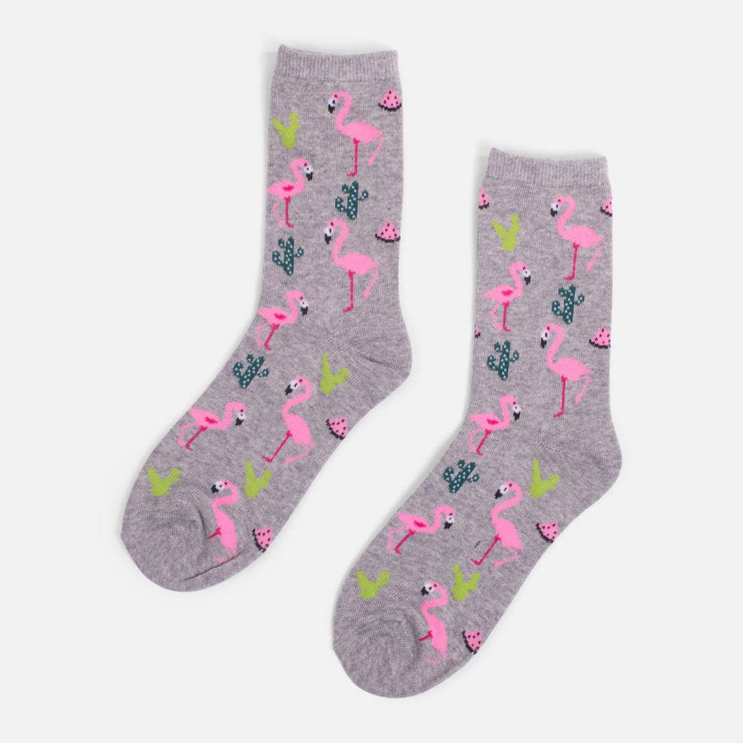 Grey socks printed with flamingos and cactus