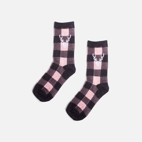 Load image into Gallery viewer, Grey and pink plaid socks with deer print
