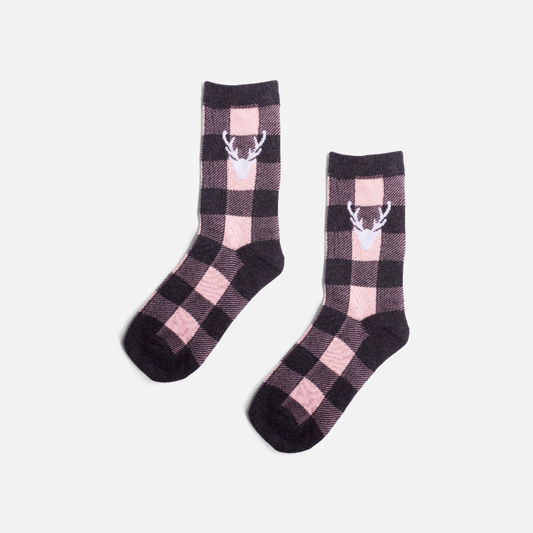 Grey and pink plaid socks with deer print