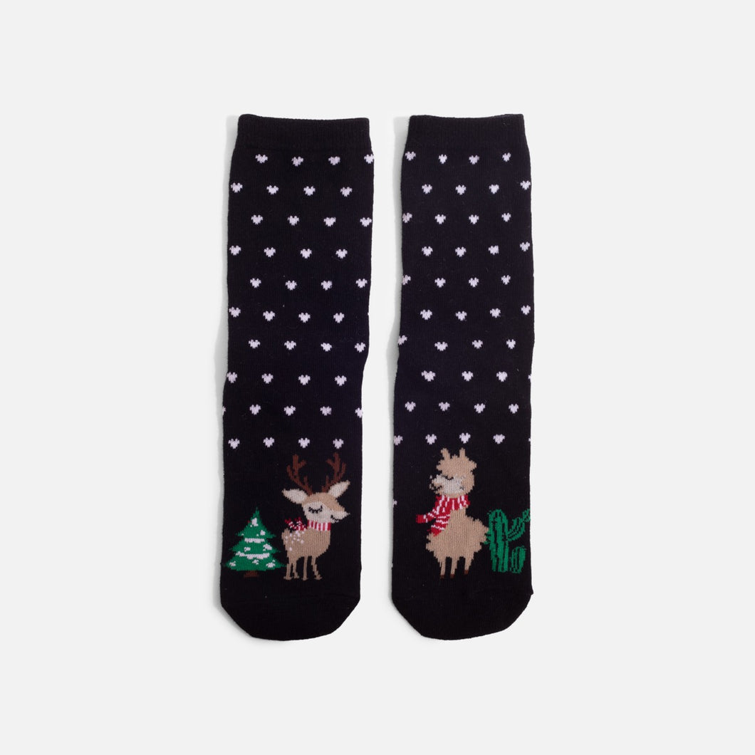 Black socks with deer and lama print