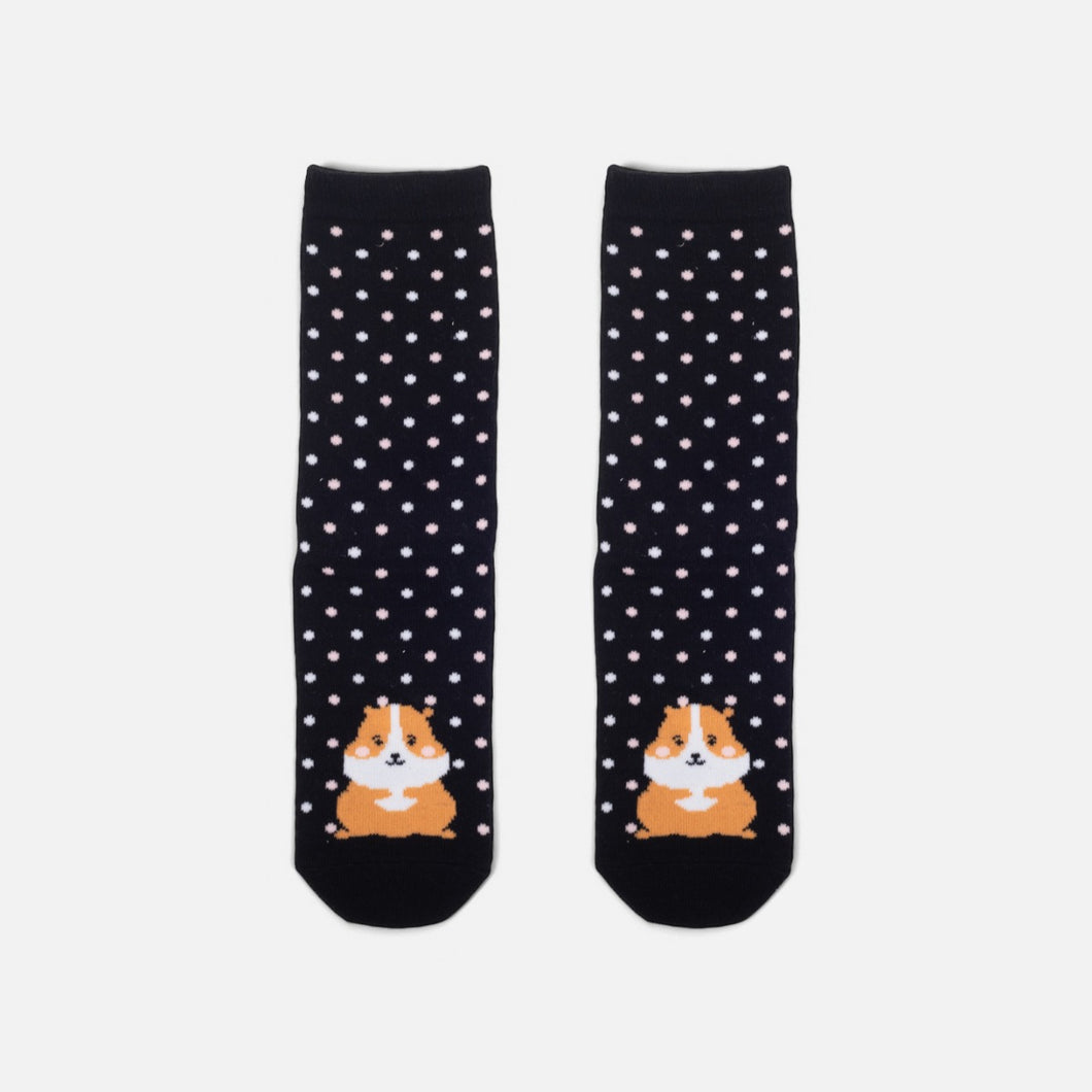 Black socks with dots and hamsters