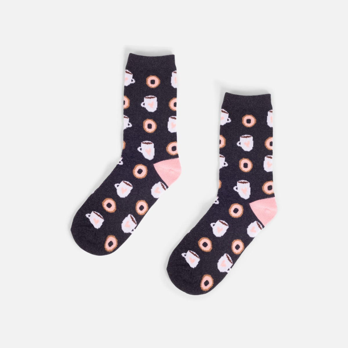 Black socks with coffee and donut prints