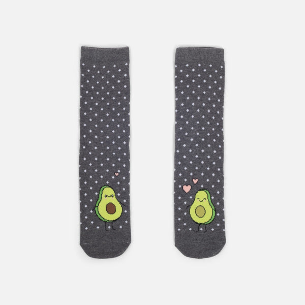 Load image into Gallery viewer, Dark grey socks with little white polka dots and avocados in love
