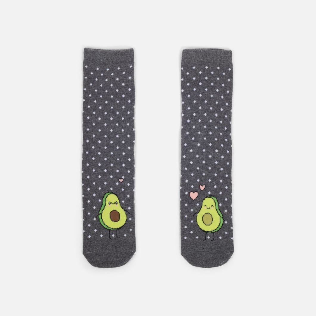 Dark grey socks with little white polka dots and avocados in love