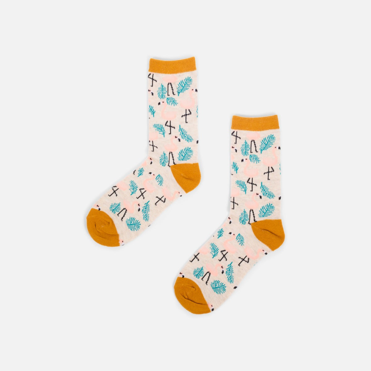 Tropical beige socks with small flamingos   