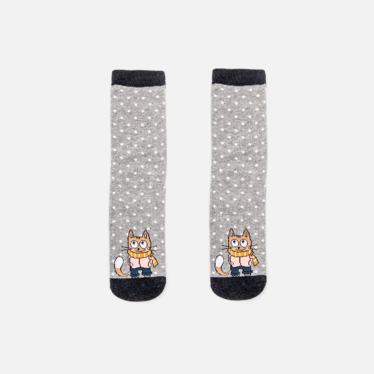 Grey socks with little white polka dots and cat with scarf 
