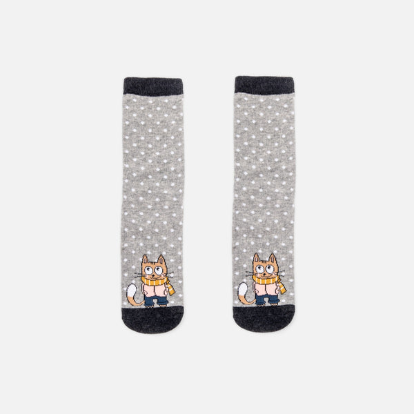 Load image into Gallery viewer, Grey socks with little white polka dots and cat with scarf 

